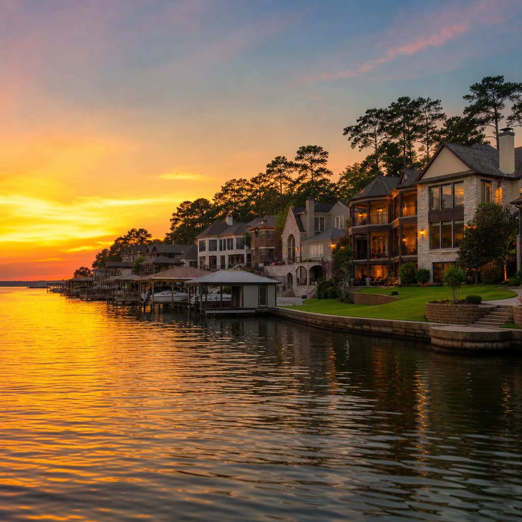 AI-generated concept image of Lake Conroe waterfront homes at sunset