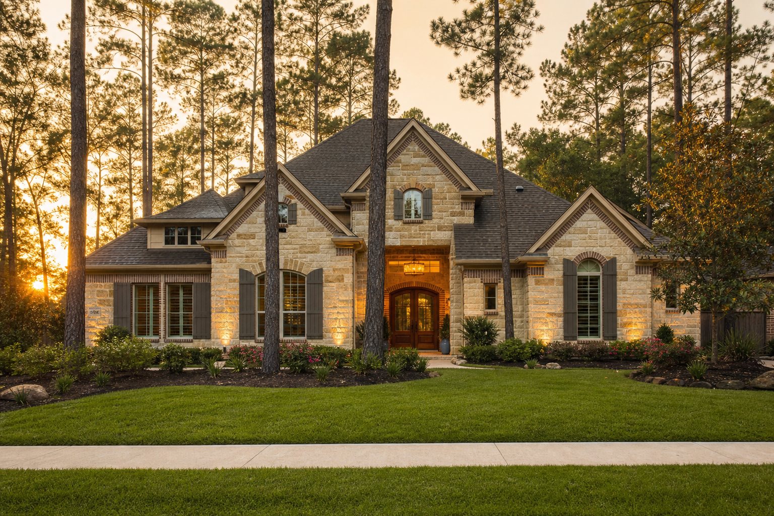 AI-generated concept image of a home in The Woodlands, Texas at golden hour, representing the community Francisco Martinez serves