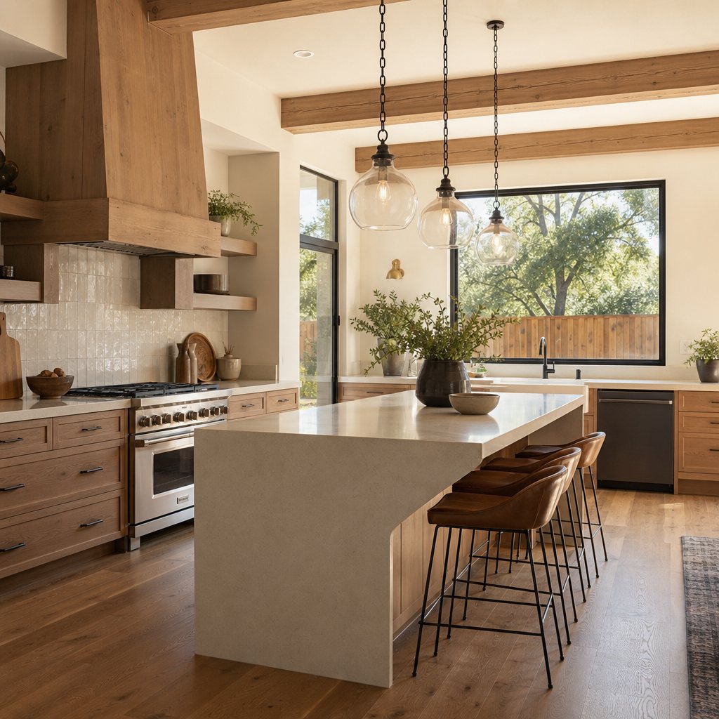 AI-generated concept image of a warm modern kitchen interior in a Texas suburban home